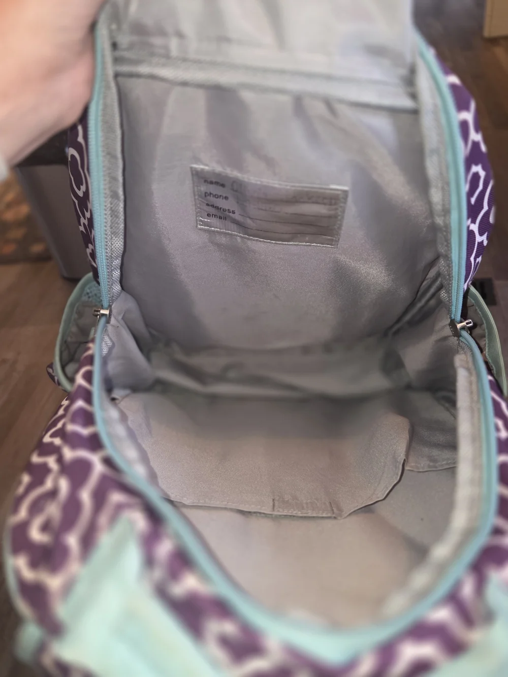 Pottery Barn Kids Purple and Mint Geometric Backpack with Panda Mint Lunch Bag